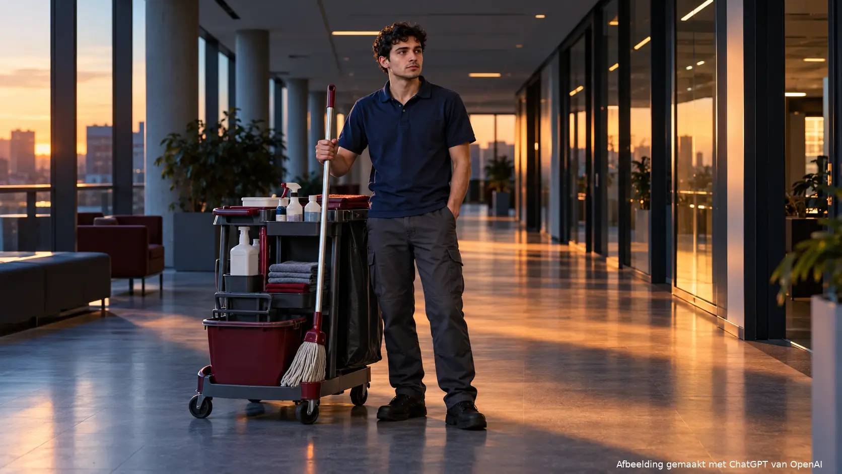 Jonge schoonmaker staat aan het eind van de werkdag in een lege kantoorgang naast zijn schoonmaakkar.