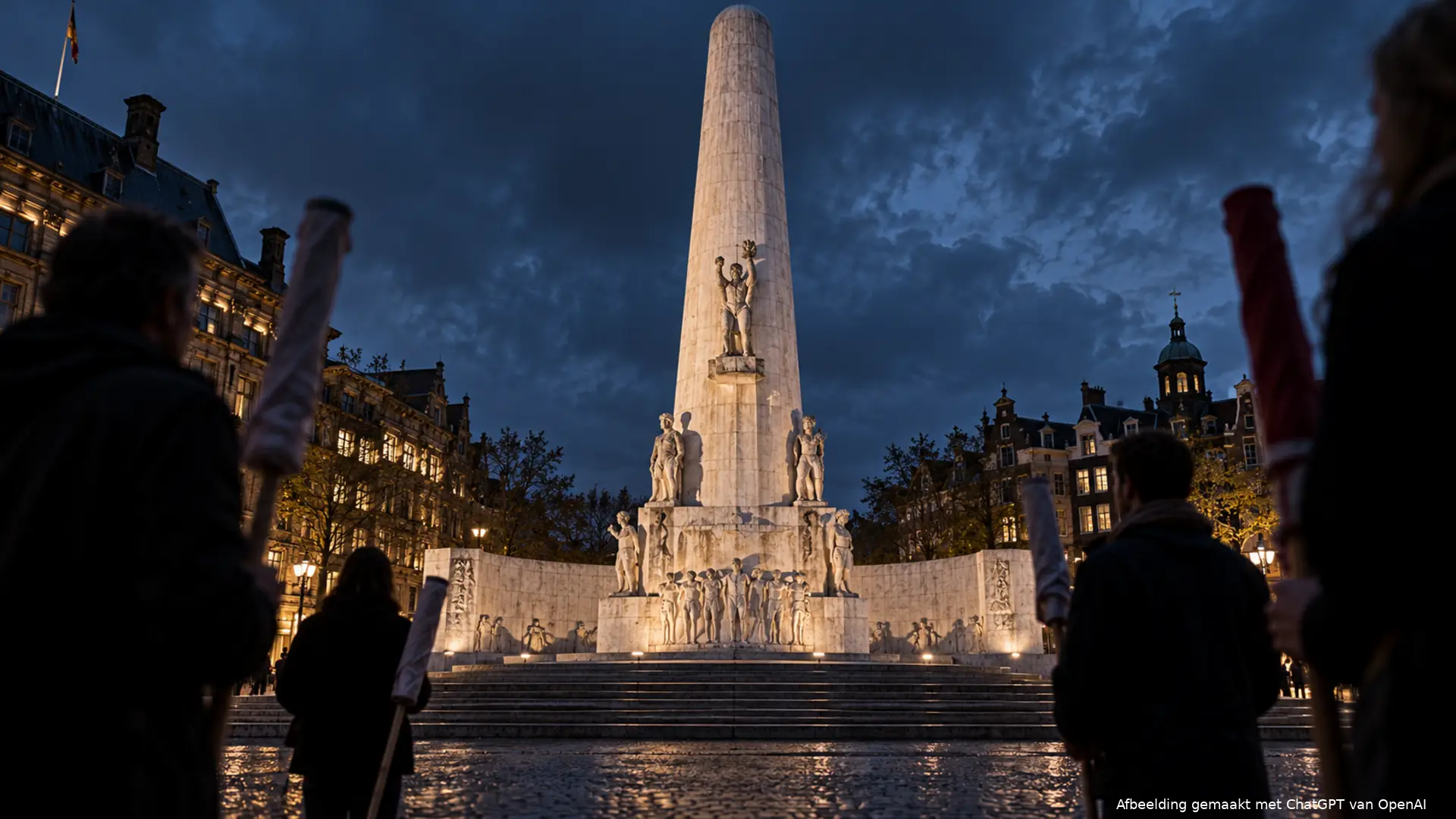 ymbolische illustratie van het Nationaal Monument op de Dam bij avond, met anonieme silhouetten en opgerolde vlaggen op de voorgrond.