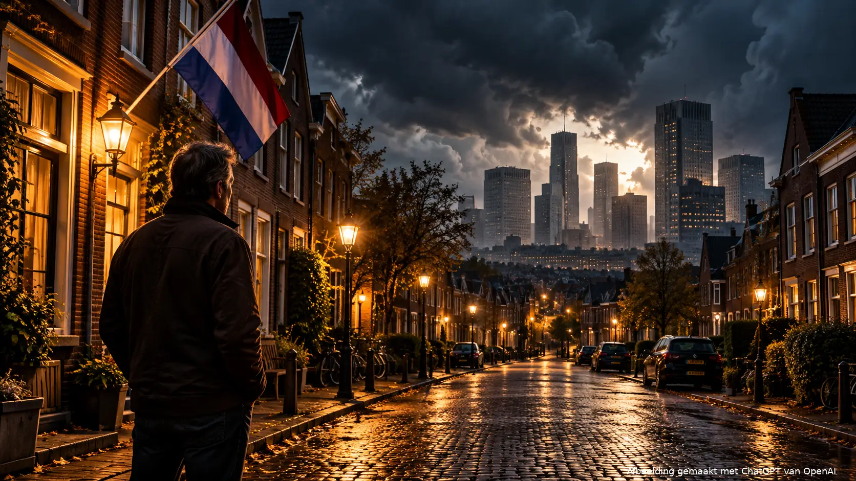 Filmische illustratie van een bewoner in een Nederlandse woonstraat met een Nederlandse vlag, hoge kantoorgebouwen en dreigende onweerswolken.