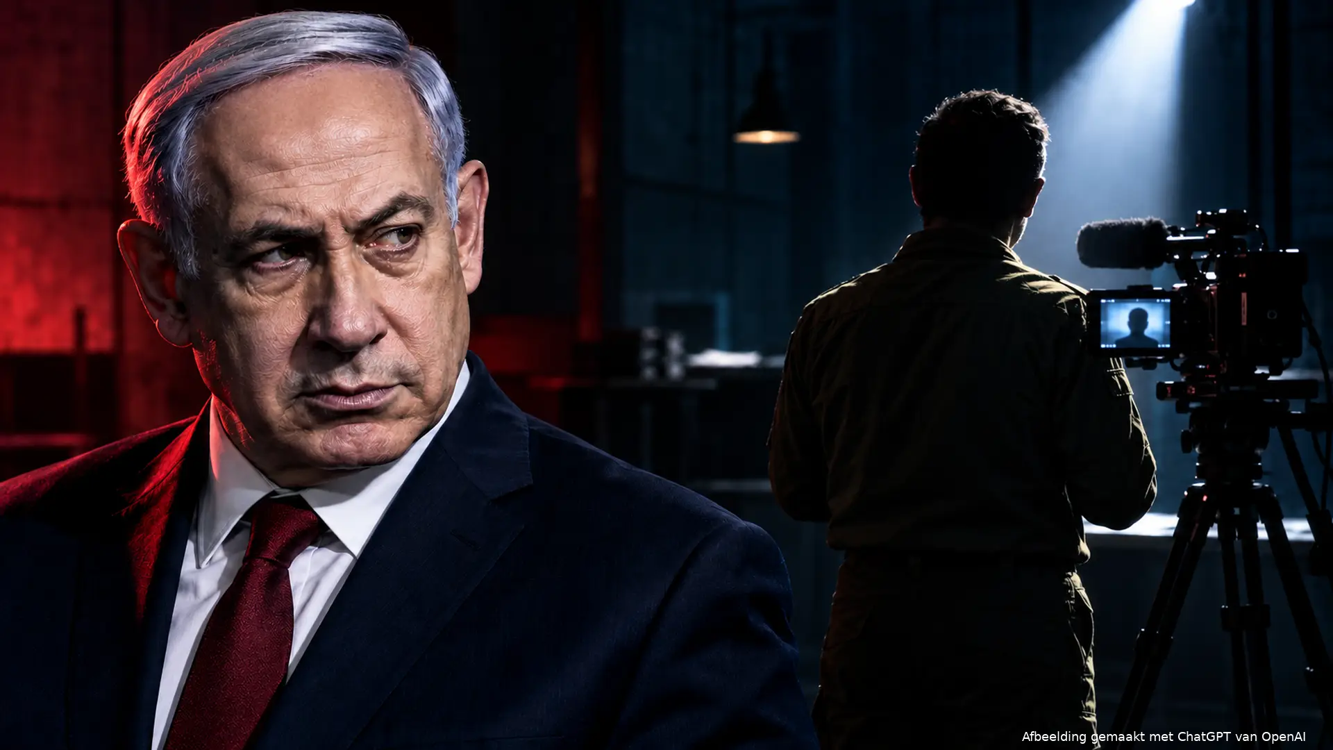 Illustratie van Benjamin Netanyahu met een anonieme militaire getuige en een documentairecamera in een zoeklicht.