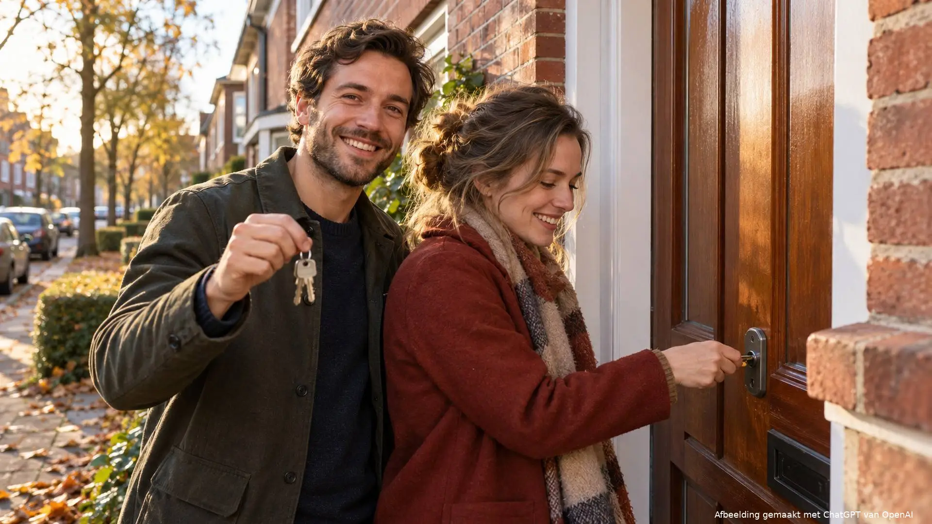 Jong stel opent met een sleutelbos de voordeur van een bakstenen jarendertigwoning in de herfstzon