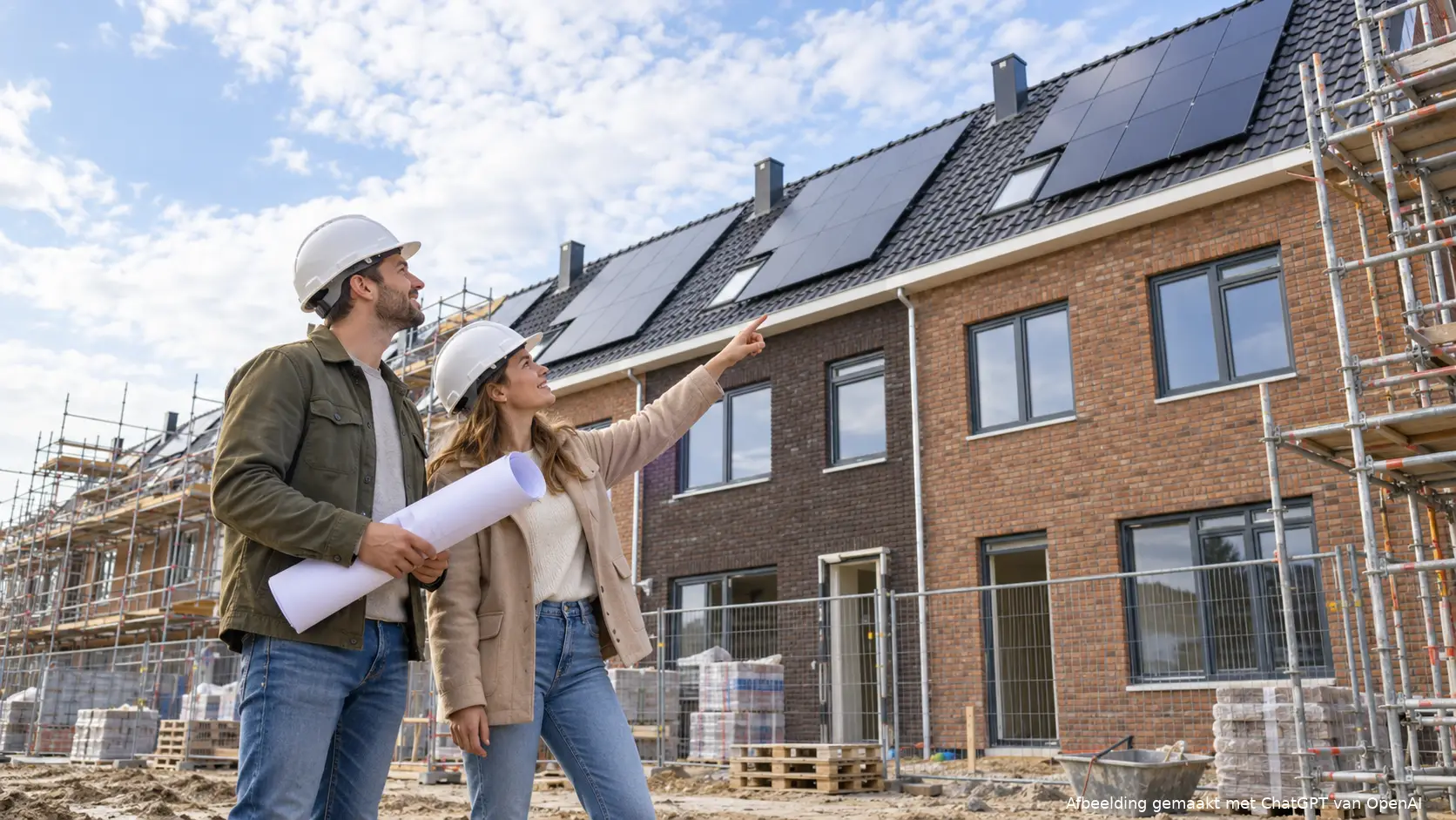 Jong stel met bouwhelmen bekijkt hun nieuwbouwwoning, terwijl de vrouw naar de zonnepanelen op het dak wijst.