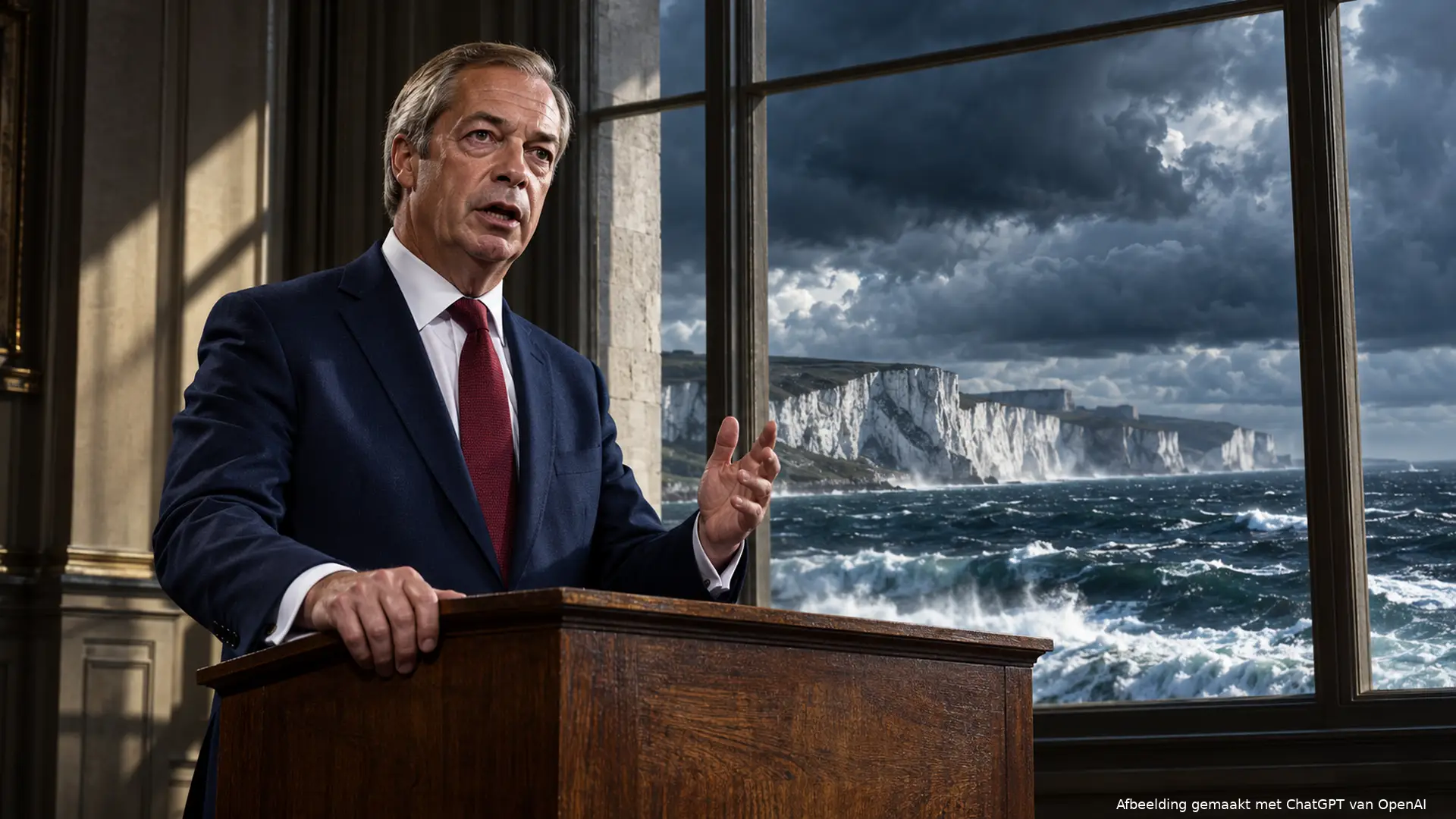 Illustratie van Nigel Farage aan een houten lessenaar, met het Kanaal en de krijtrotsen van Dover achter hem.
