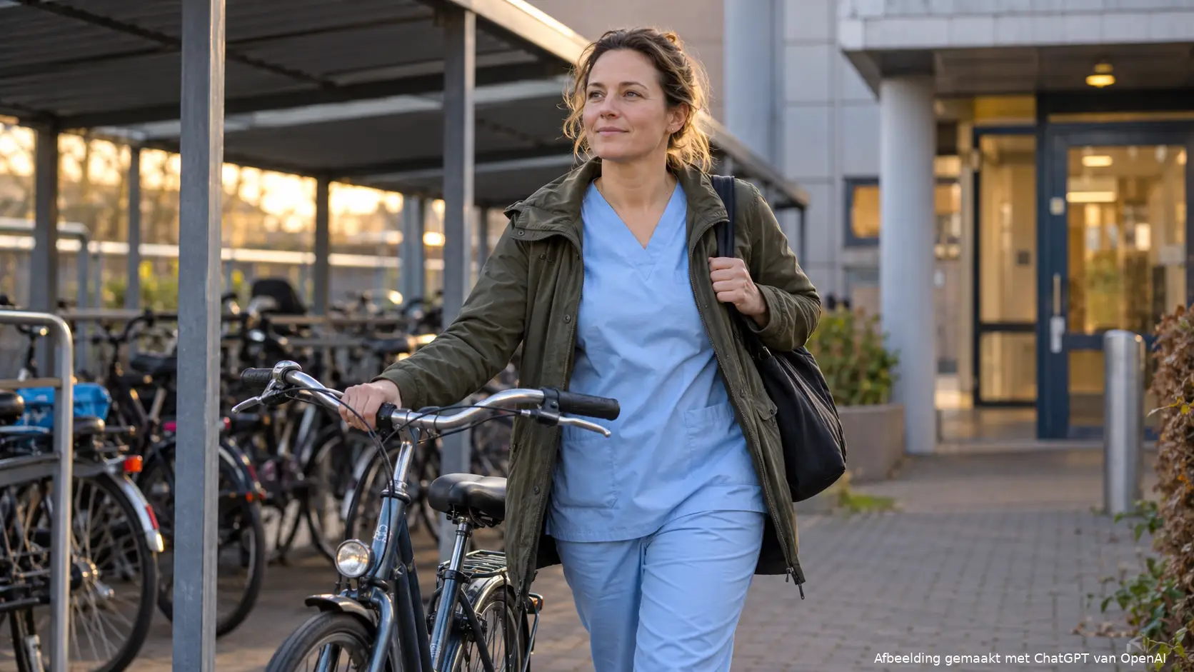 Verpleegkundige in een lichtblauw uniform loopt na haar dienst met de fiets aan de hand het fietsenhok bij het ziekenhuis uit.