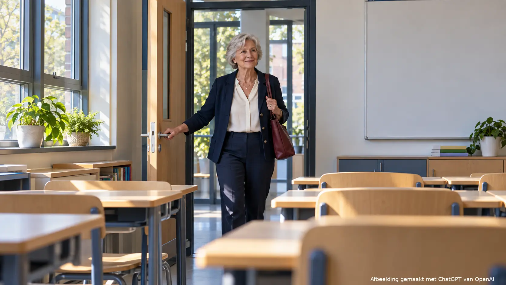 Oudere docent komt in de ochtend een klaslokaal binnen.