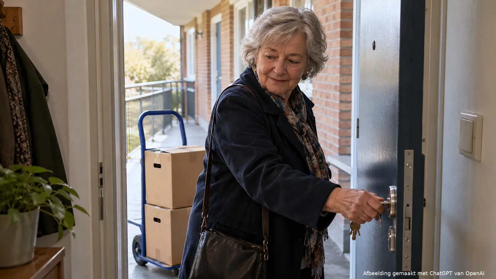 Oudere vrouw opent de deur van een appartement, met verhuisdozen achter zich.