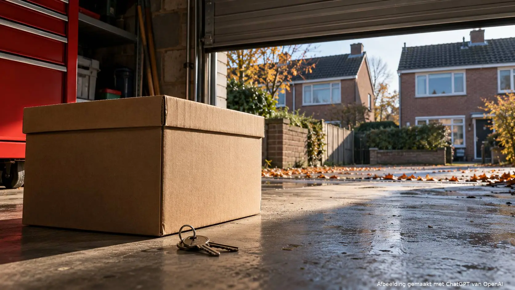 Gesloten opslagdoos en huissleutels in een garage, met buurwoningen op de achtergrond.