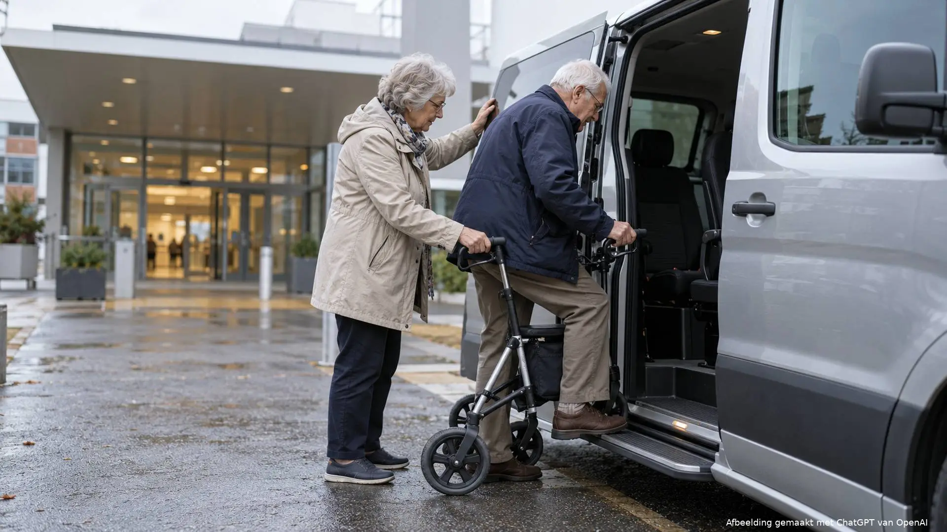 Oudere man stapt met een rollator in een taxibusje bij een ziekenhuis, terwijl zijn vrouw hem helpt.