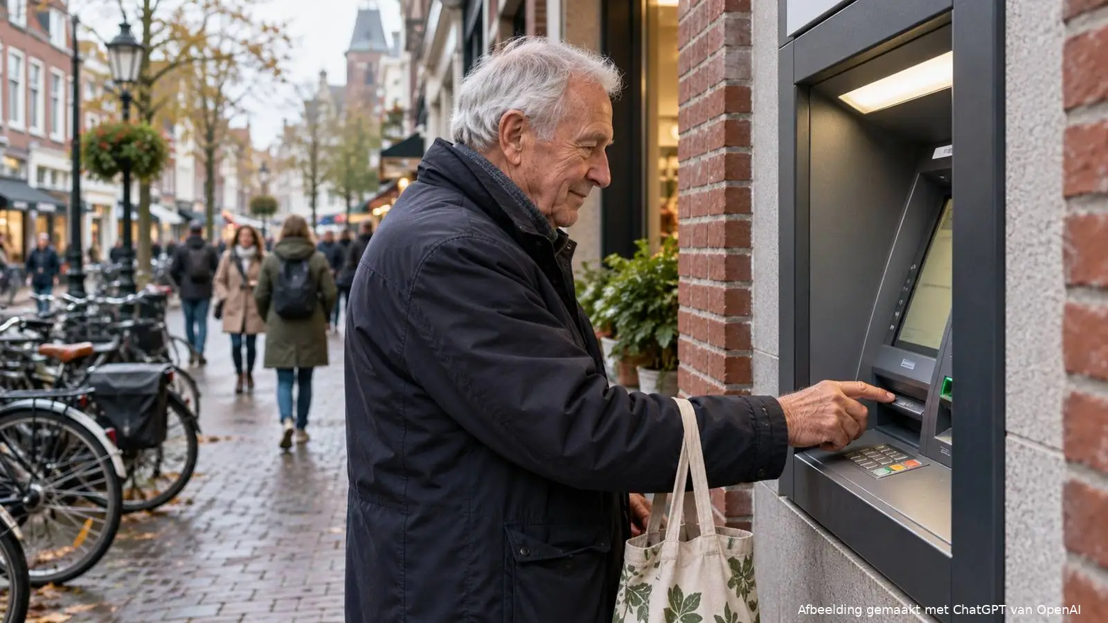Oudere man in winterjas pint geld bij een pinautomaat in een Nederlandse winkelstraat.