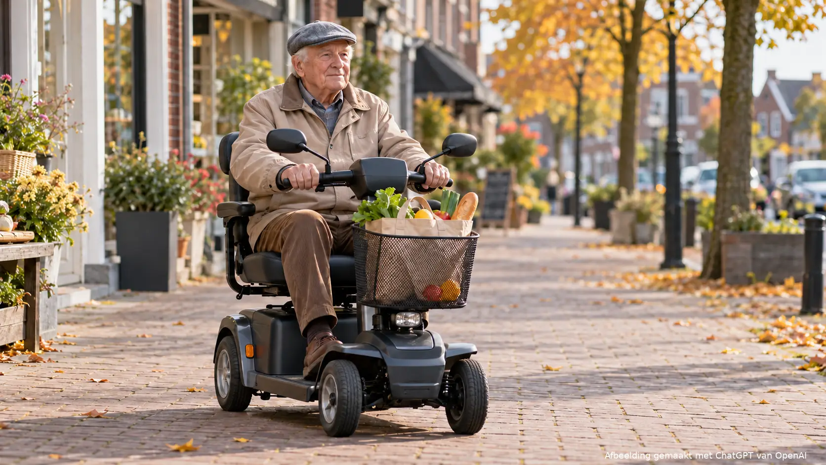 Oudere man met een pet rijdt op zijn scootmobiel door een dorpsstraat, met boodschappen in het mandje voorop.