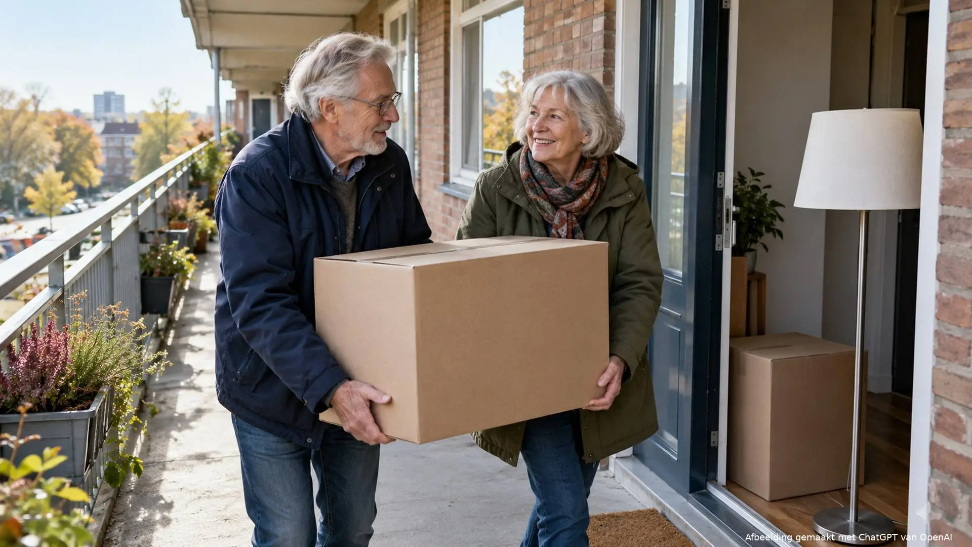 Oudere man en vrouw dragen samen een verhuisdoos over een flatgalerij naar zijn voordeur