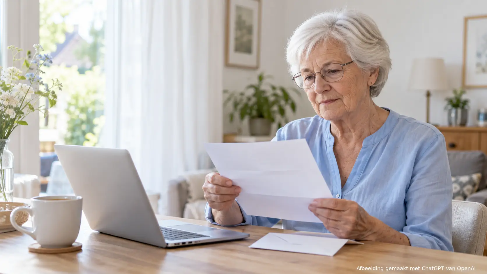 Oudere vrouw leest een brief aan een lichte houten tafel met een kop thee en een laptop.