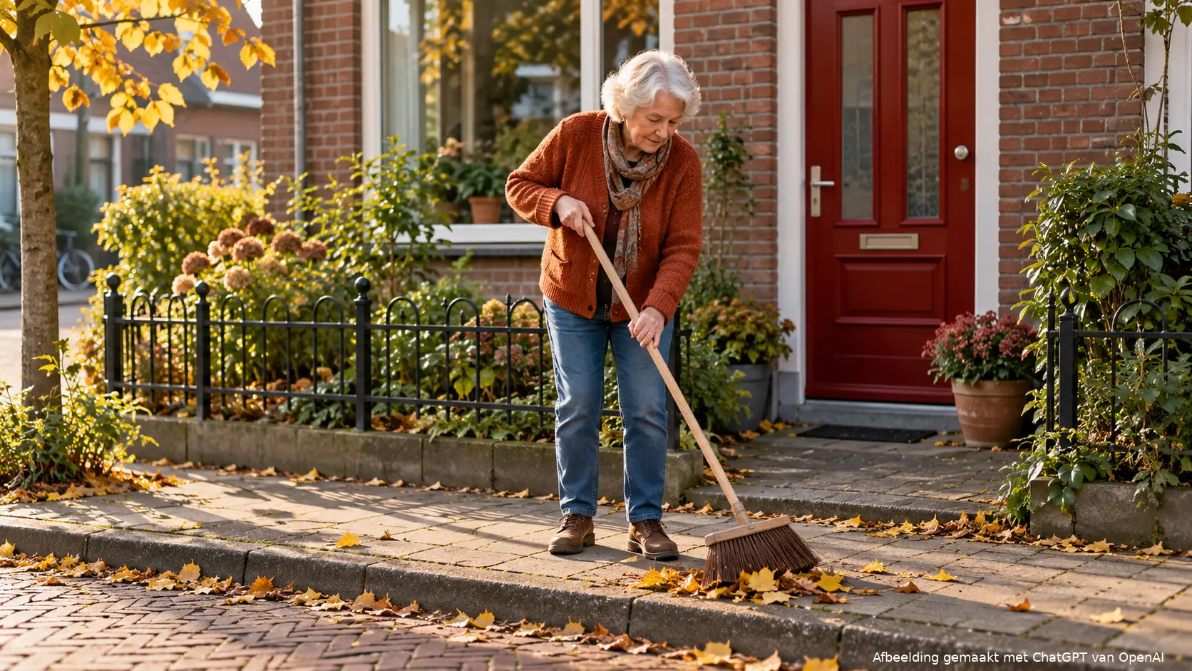 Oudere vrouw veegt herfstbladeren van de stoep voor haar rijtjeshuis met een rode voordeur.