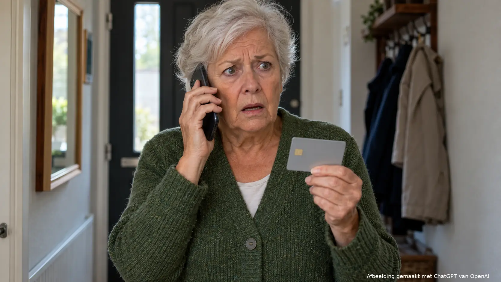 Oudere vrouw kijkt geschrokken tijdens een telefoongesprek en houdt een bankpas in haar andere hand.