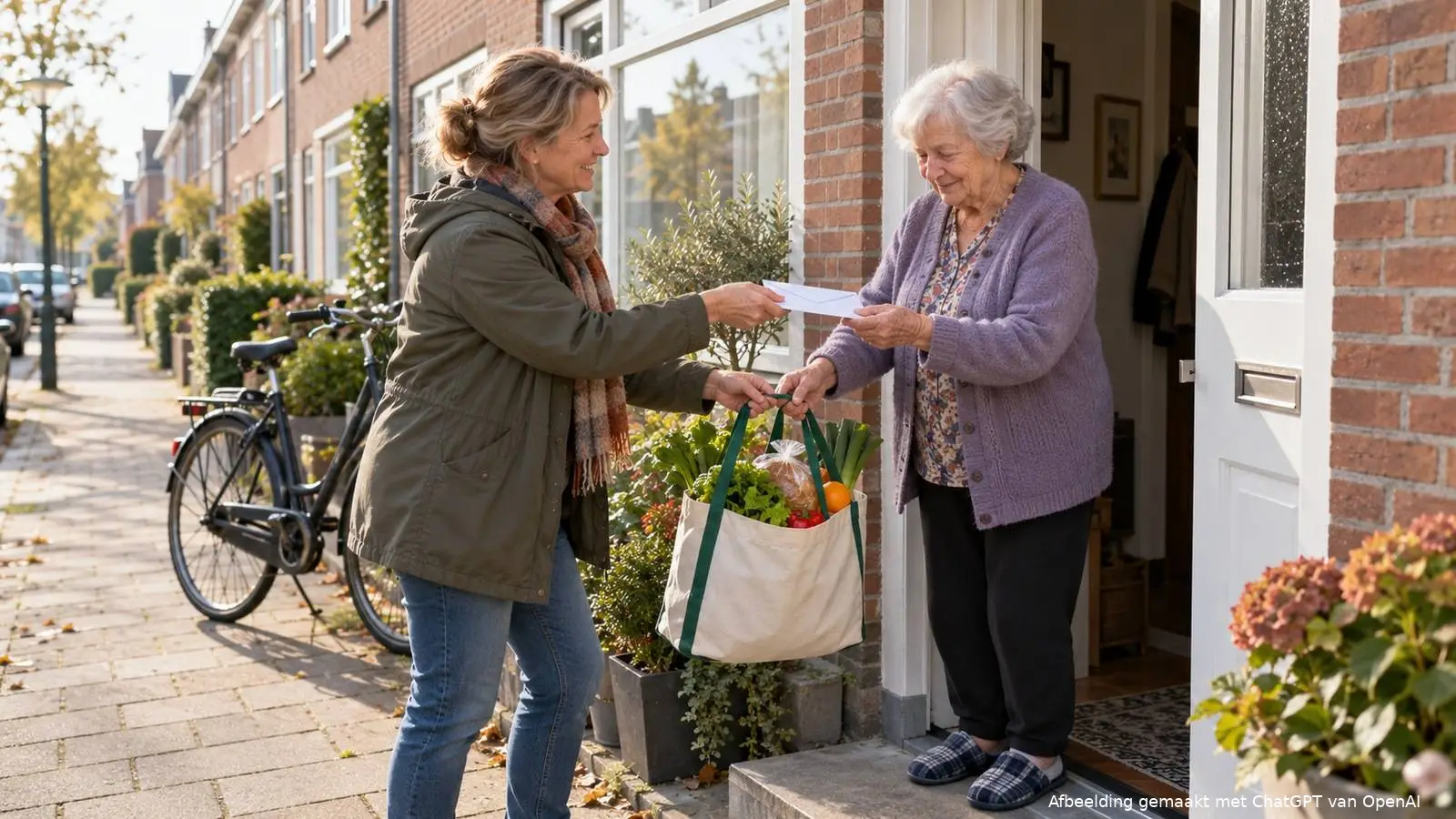 Vrouw van middelbare leeftijd geeft haar moeder op de stoep van een rijtjeshuis een envelop en een boodschappentas