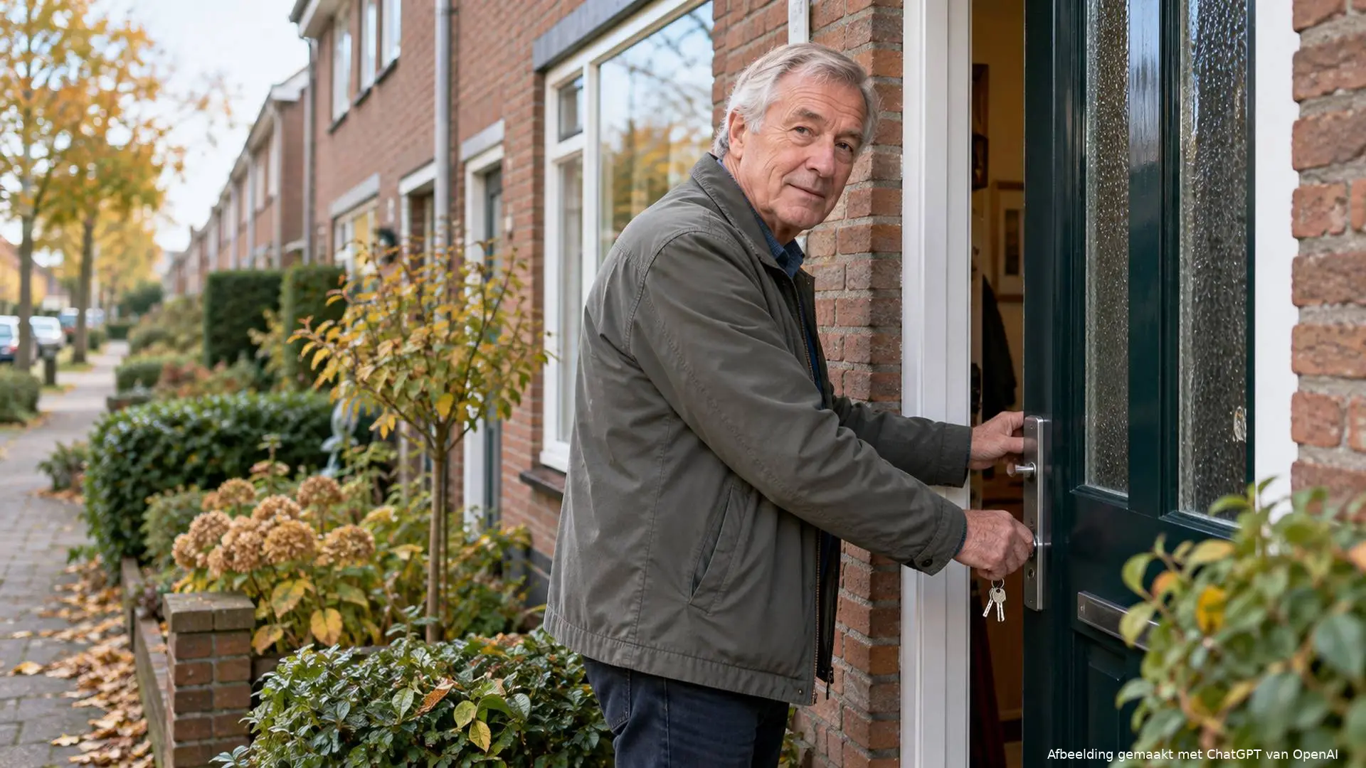 Oudere man opent met een sleutelbos in zijn hand de voordeur van zijn bakstenen rijtjeshuis.