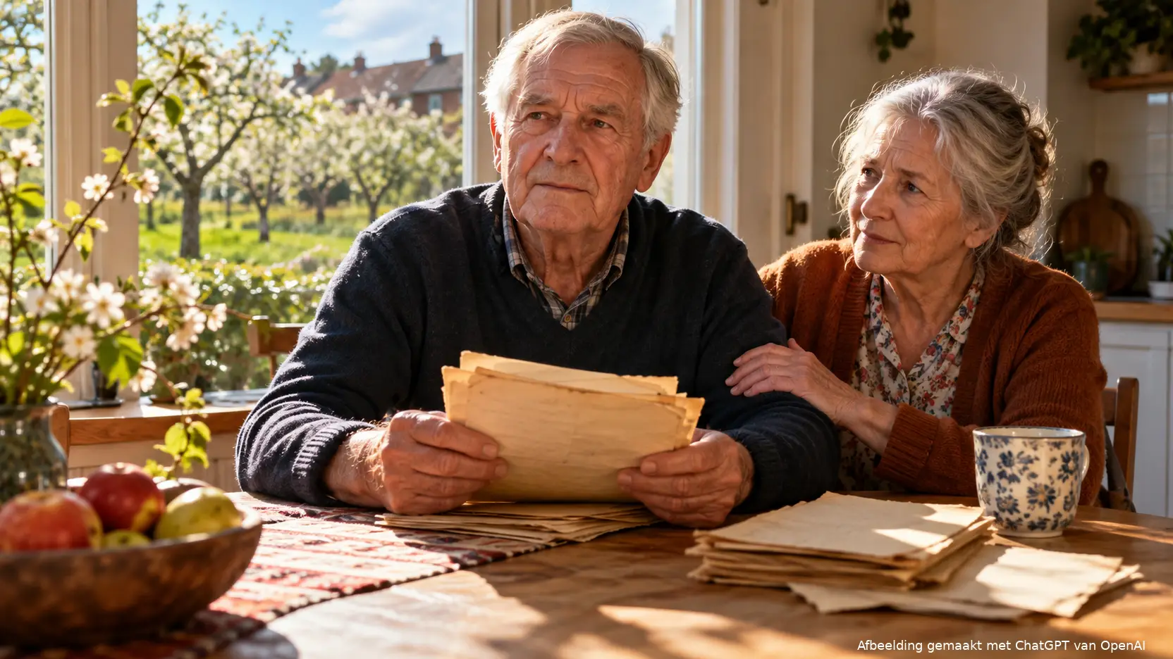 Oudere man met een stapel oude papieren aan de keukentafel, zijn vrouw legt een hand op zijn arm