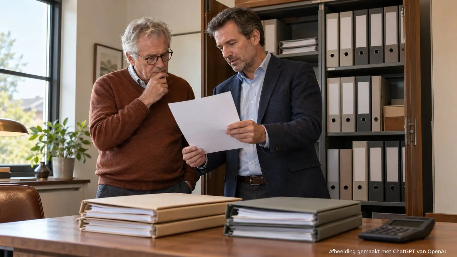 Ondernemer en adviseur bekijken een papier voor een open archiefkast, met twee stapels administratiemappen en een rekenmachine op het bureau.