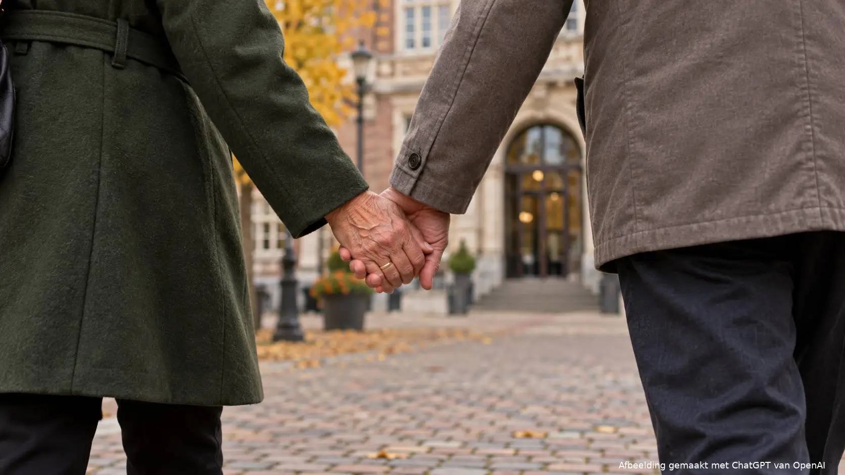 Twee oudere mensen die hand in hand over een plein bij een gemeentehuis lopen.