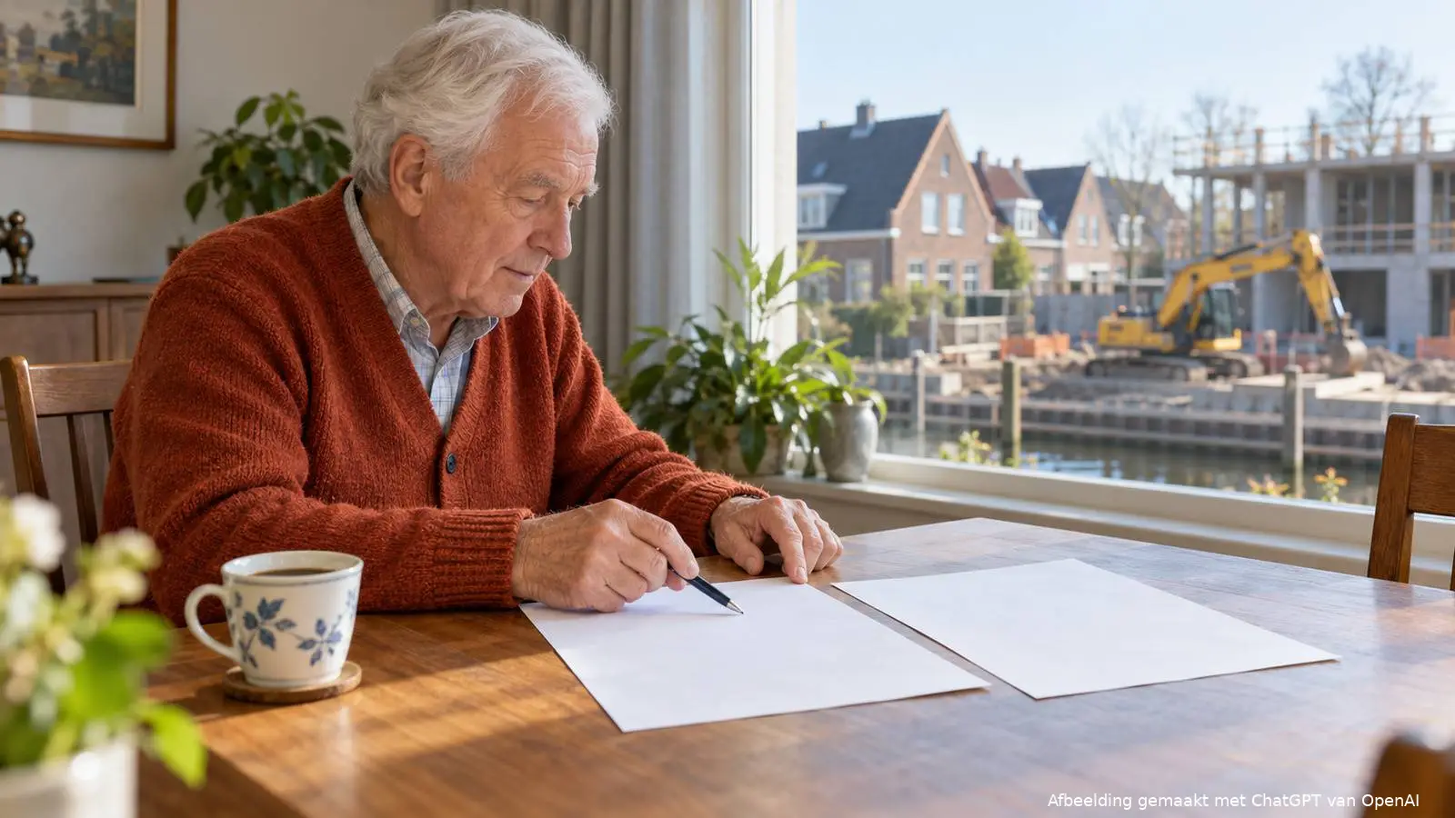 Illustratie van een gepensioneerde man die twee pensioenoverzichten aan zijn eettafel vergelijkt.