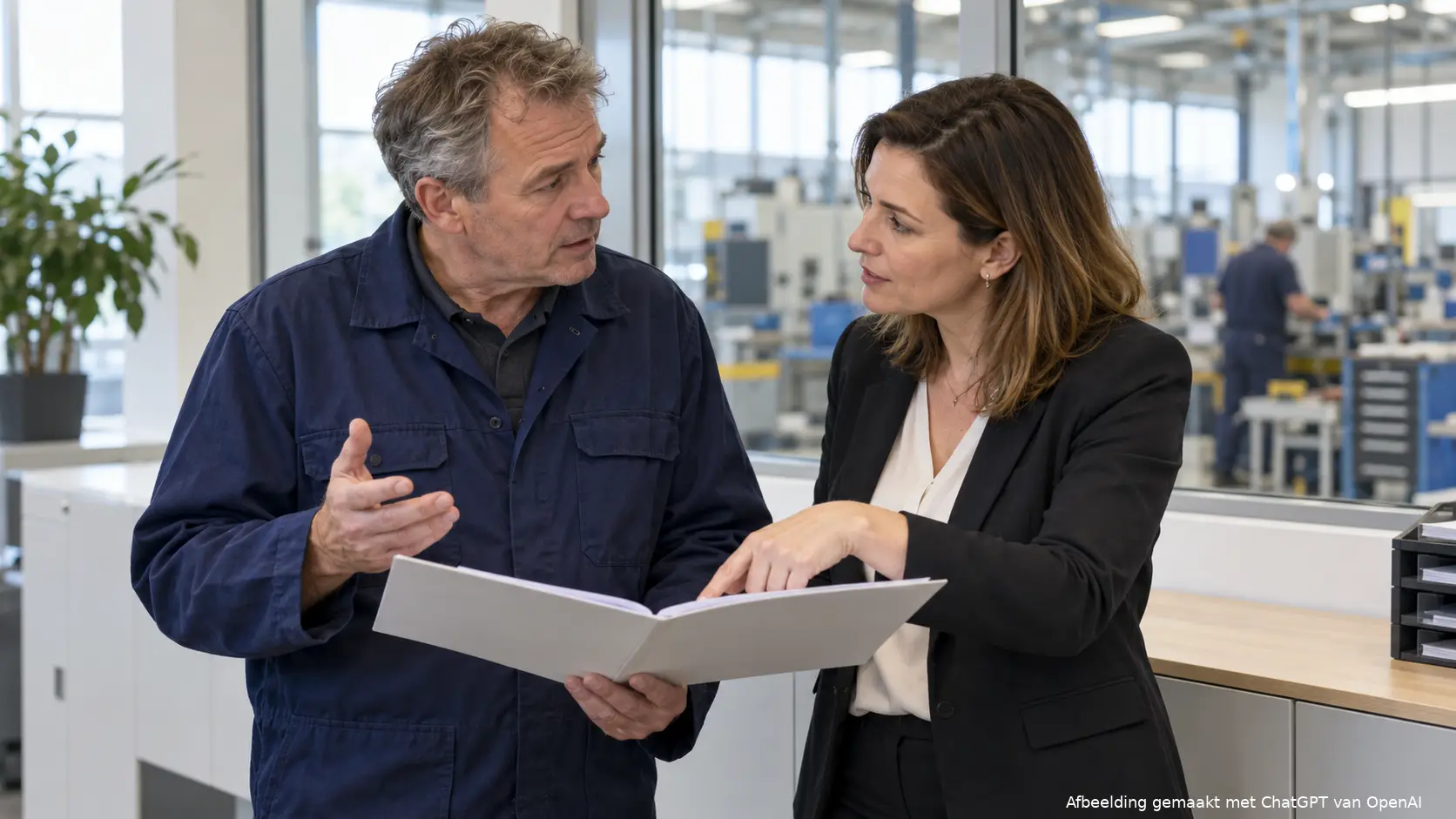Werknemer bespreekt een geopende map met een personeelsmedewerker in een kantoor naast de werkplaats.