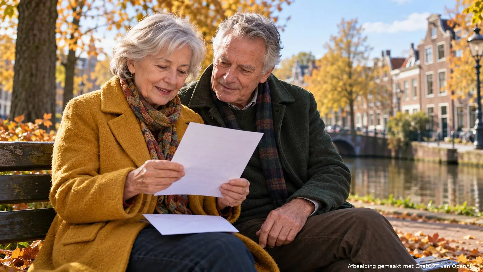 Gepensioneerd stel bekijkt samen een brief op een bankje langs een gracht in herfstlicht.