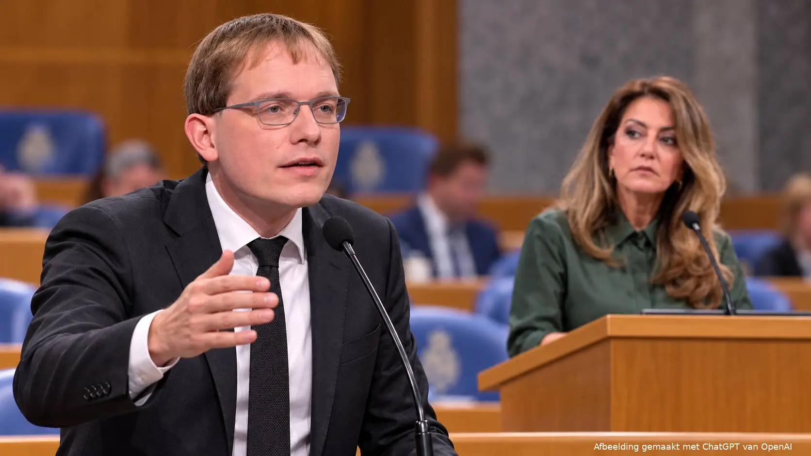 AI-illustratie van Pepijn van Houwelingen bij de interruptiemicrofoon, met Dilan Yeşilgöz achter het spreekgestoelte op de achtergrond.