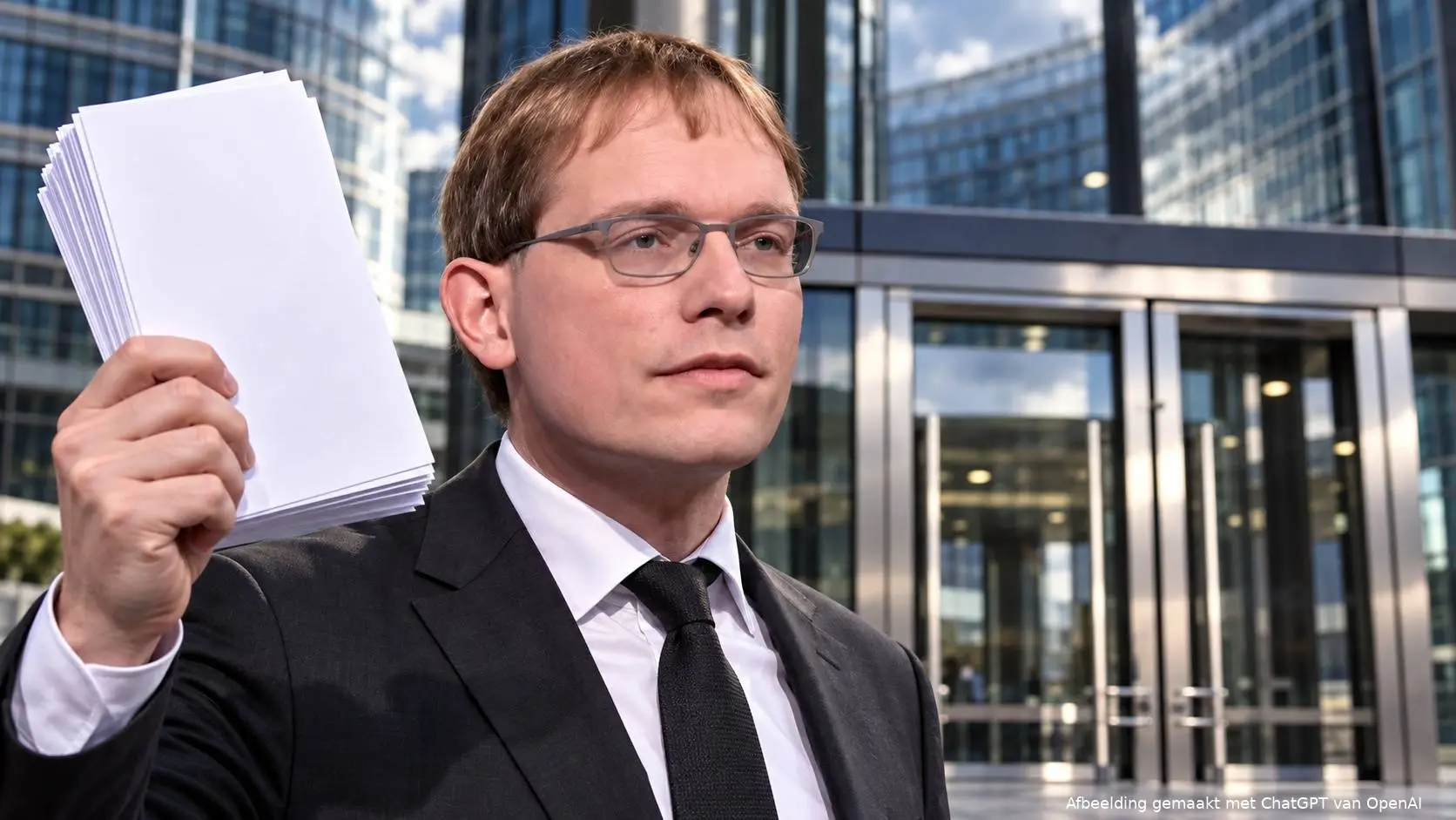 AI-illustratie van Pepijn van Houwelingen die vastberaden papieren omhooghoudt voor gesloten glazen deuren van een Brussels overheidsgebouw.