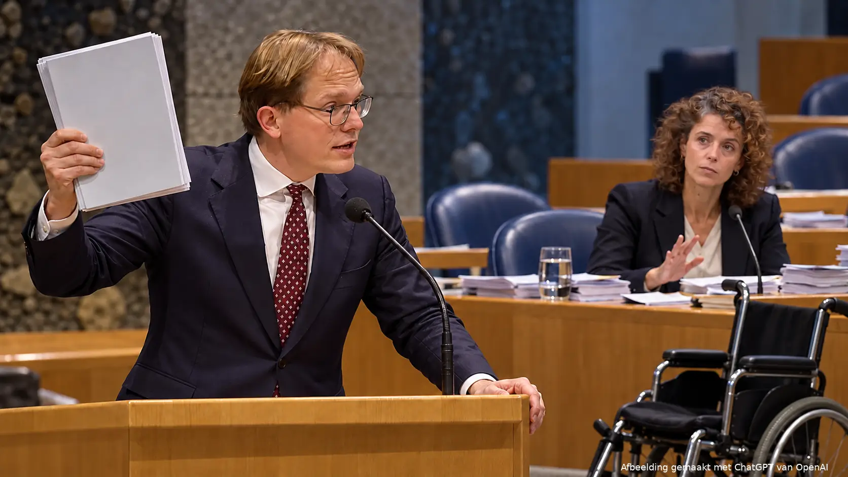 Illustratie van Pepijn van Houwelingen met een begrotingsmap, Sophie Hermans achter de regeringstafel en een lege rolstoel op de voorgrond.