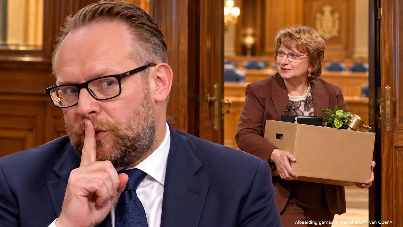 Satirische AI-illustratie van Pieter Heerma met een vinger voor zijn lippen, terwijl Mariëtte Hamer met een doos een raadzaal verlaat.