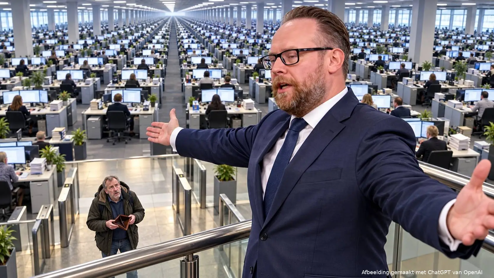 Satirische AI-illustratie van Pieter Heerma met gespreide armen boven een enorme kantoorzaal, terwijl beneden een man zijn lege portemonnee toont.