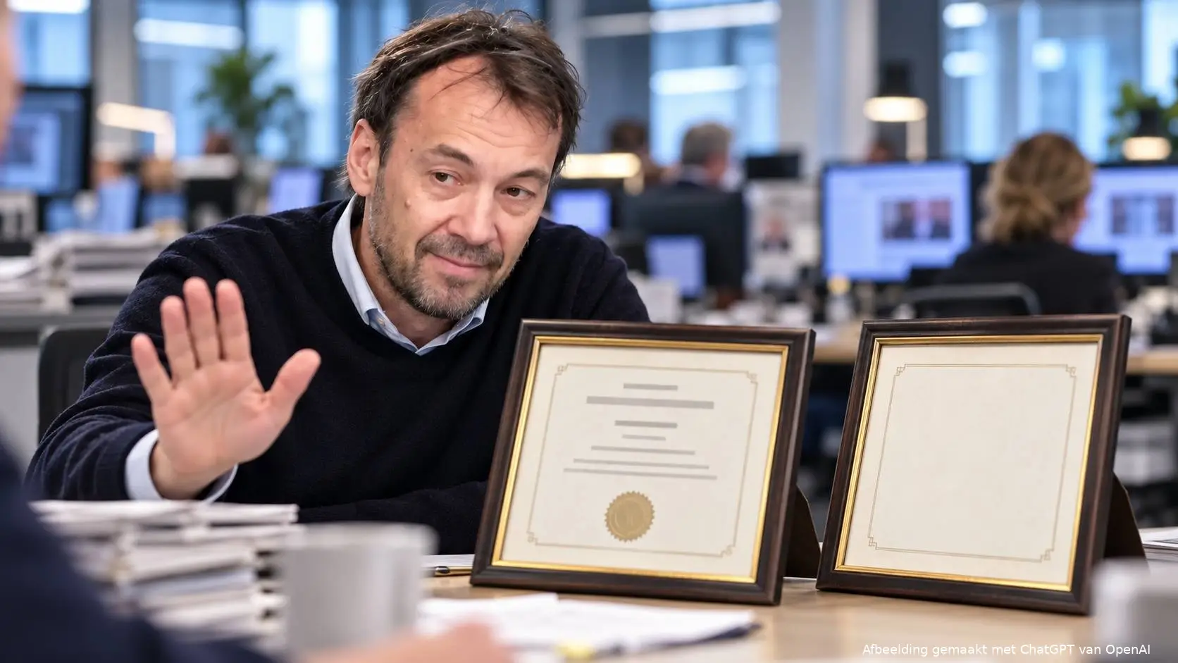 Satirische AI-illustratie van Pieter Klok met een afwerend handgebaar aan een redactietafel, naast een ingelijst diploma en een lege lijst.