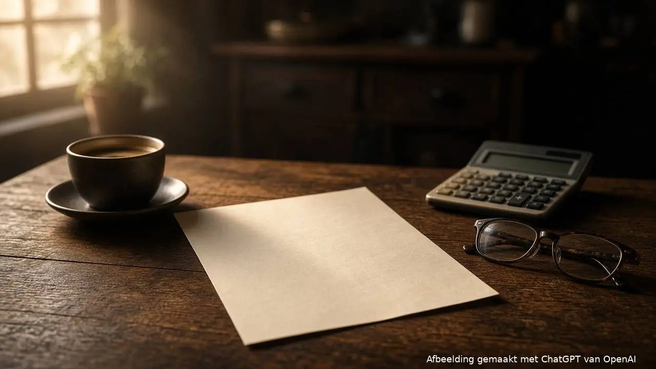 Leeg vel papier, rekenmachine, kop koffie en leesbril op een donkere houten tafel in ochtendlicht