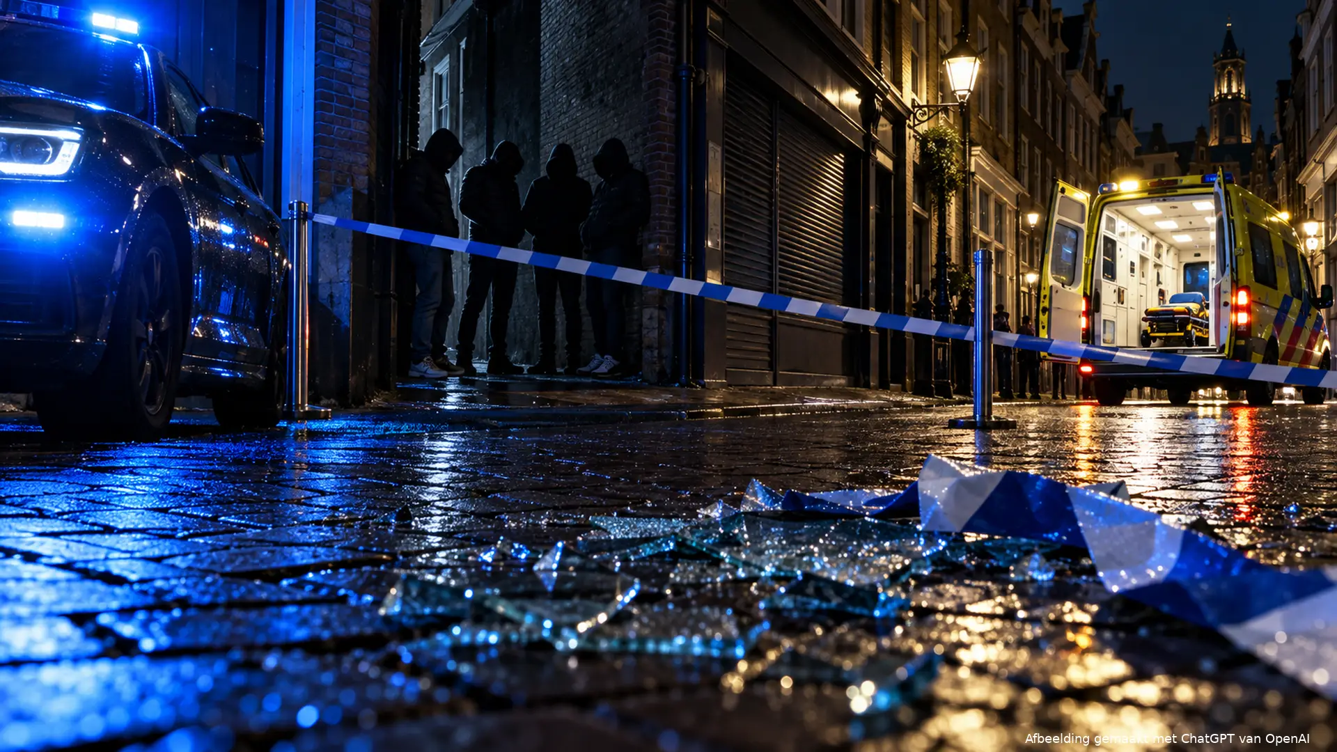 Politieafzetting in een donkere Nederlandse winkelstraat na een geweldsincident.