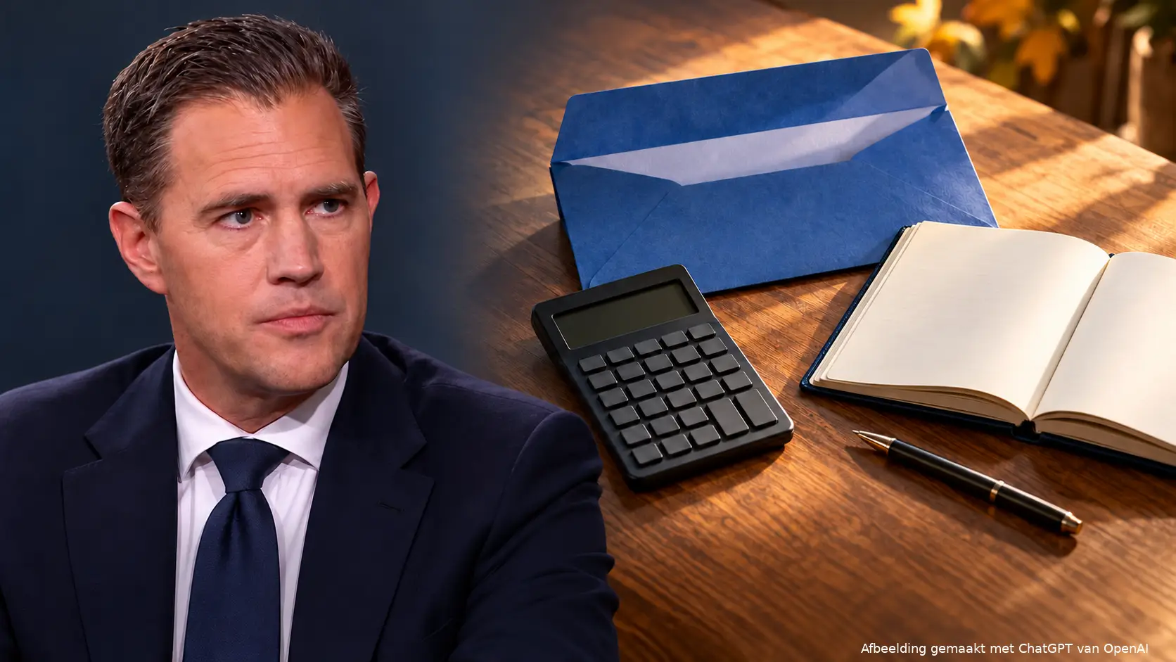 Redactionele fotomontage van Eelco Heinen naast een bureau met een geopende blauwe envelop, rekenmachine en open agenda.