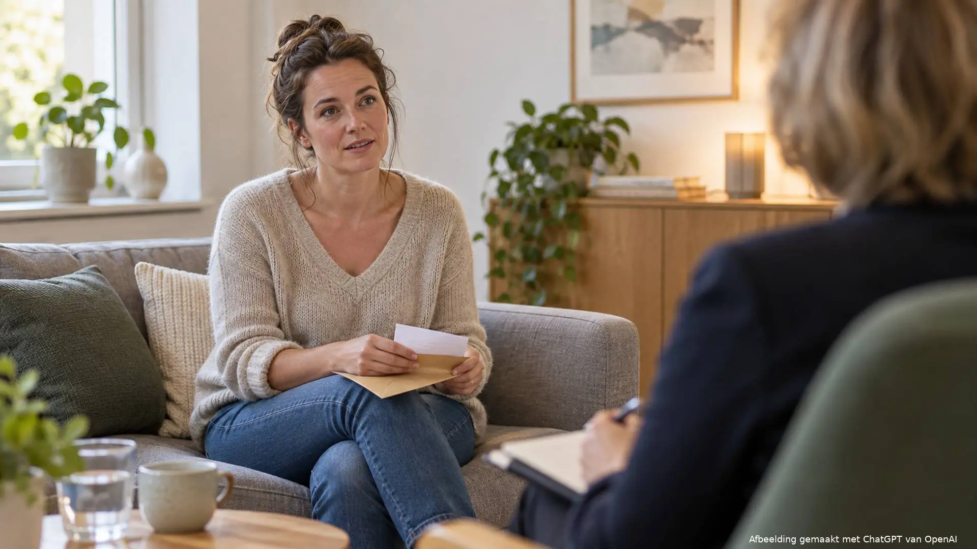 Vrouw in gesprek met een psycholoog in een lichte spreekkamer, met een brief op haar schoot.