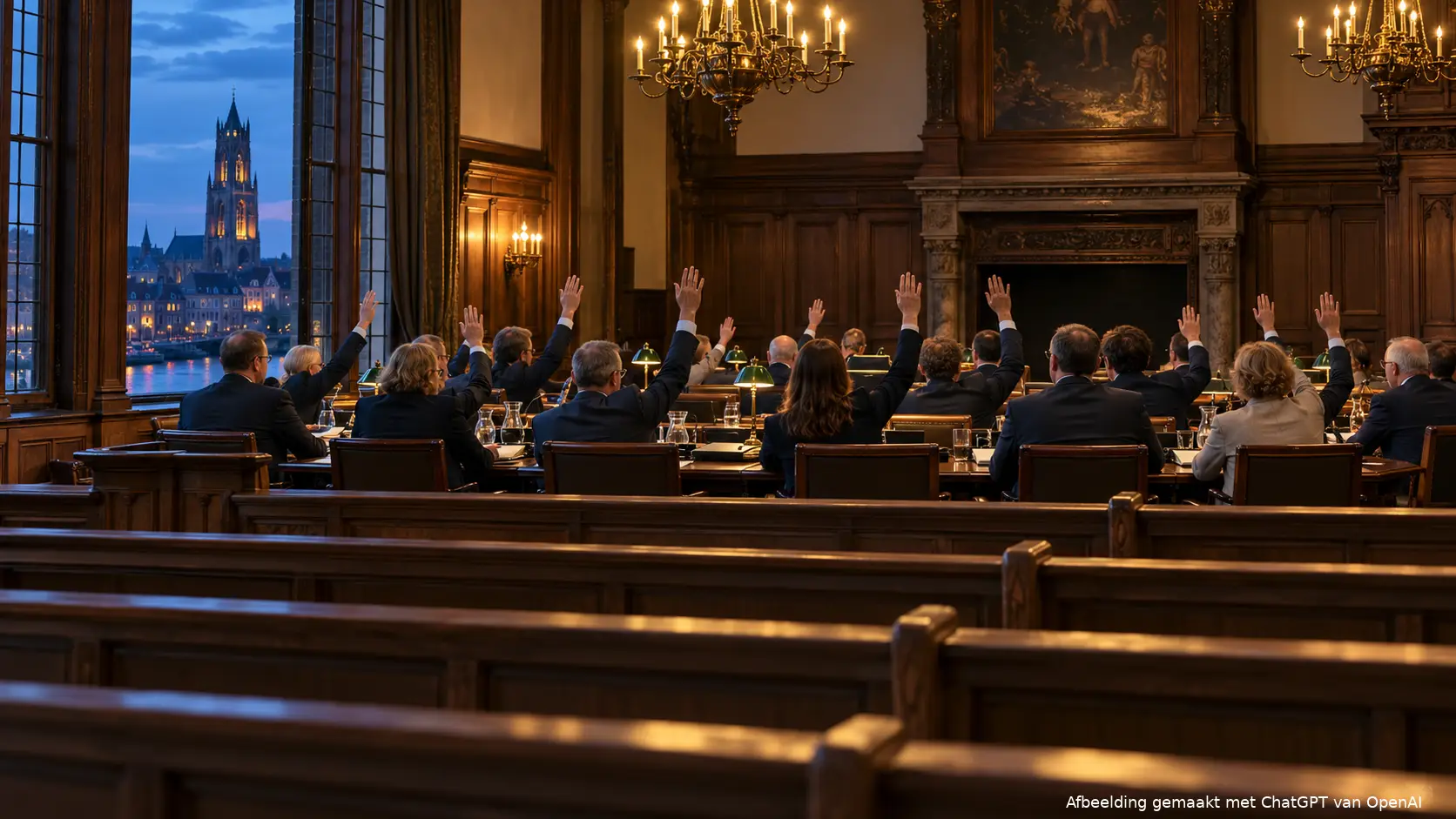 Raadsleden stemmen met opgestoken handen in een historische raadszaal met een lege publieke tribune.