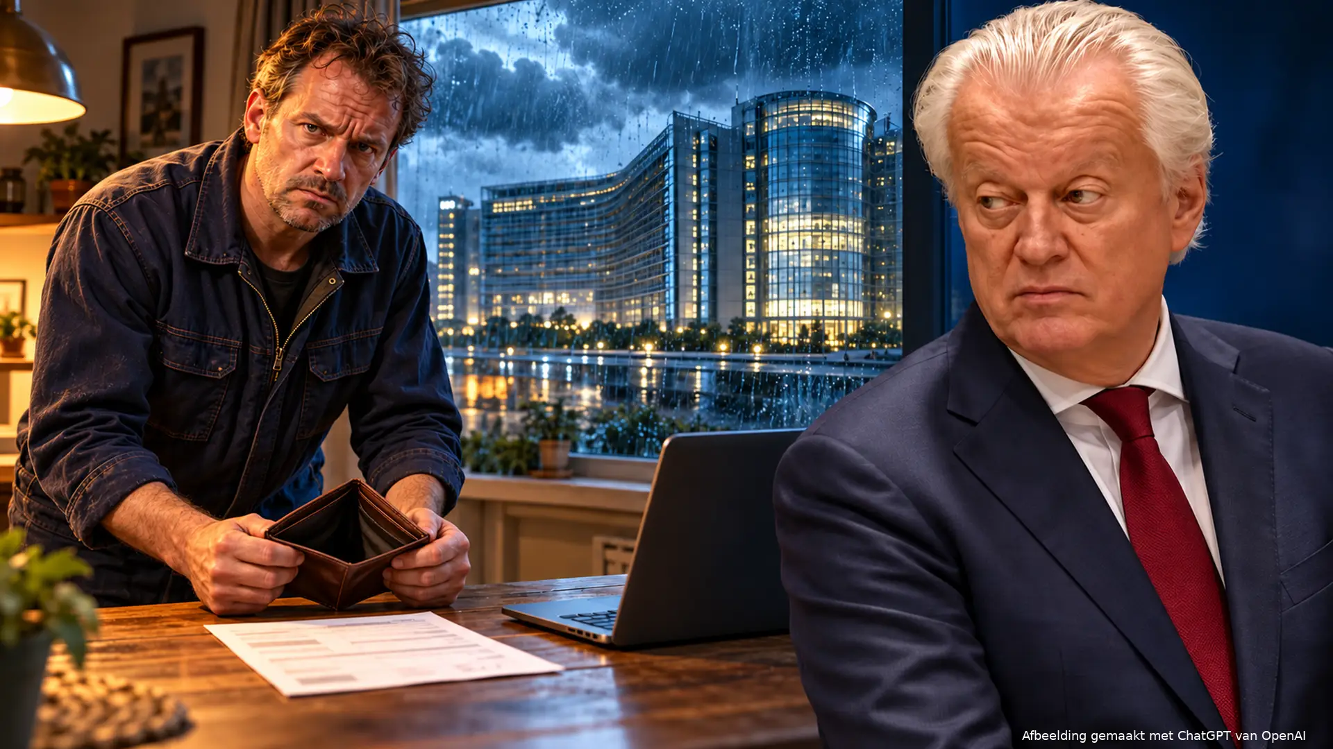 Illustratie van Ralf Dekker naast een werknemer met een lege portemonnee, belastingpapieren en een laptop, met een glazen bestuursgebouw achter het raam.