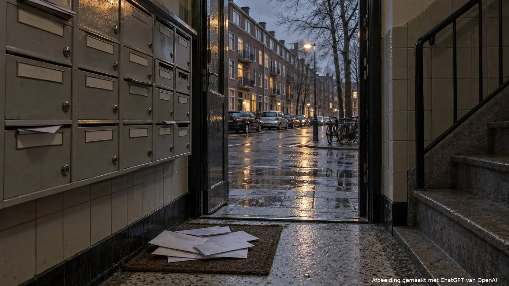 Kaal trappenhuis in een Rotterdamse portiekwoning met ongeopende post op de deurmat, symbool voor huurders die te veel huur betalen