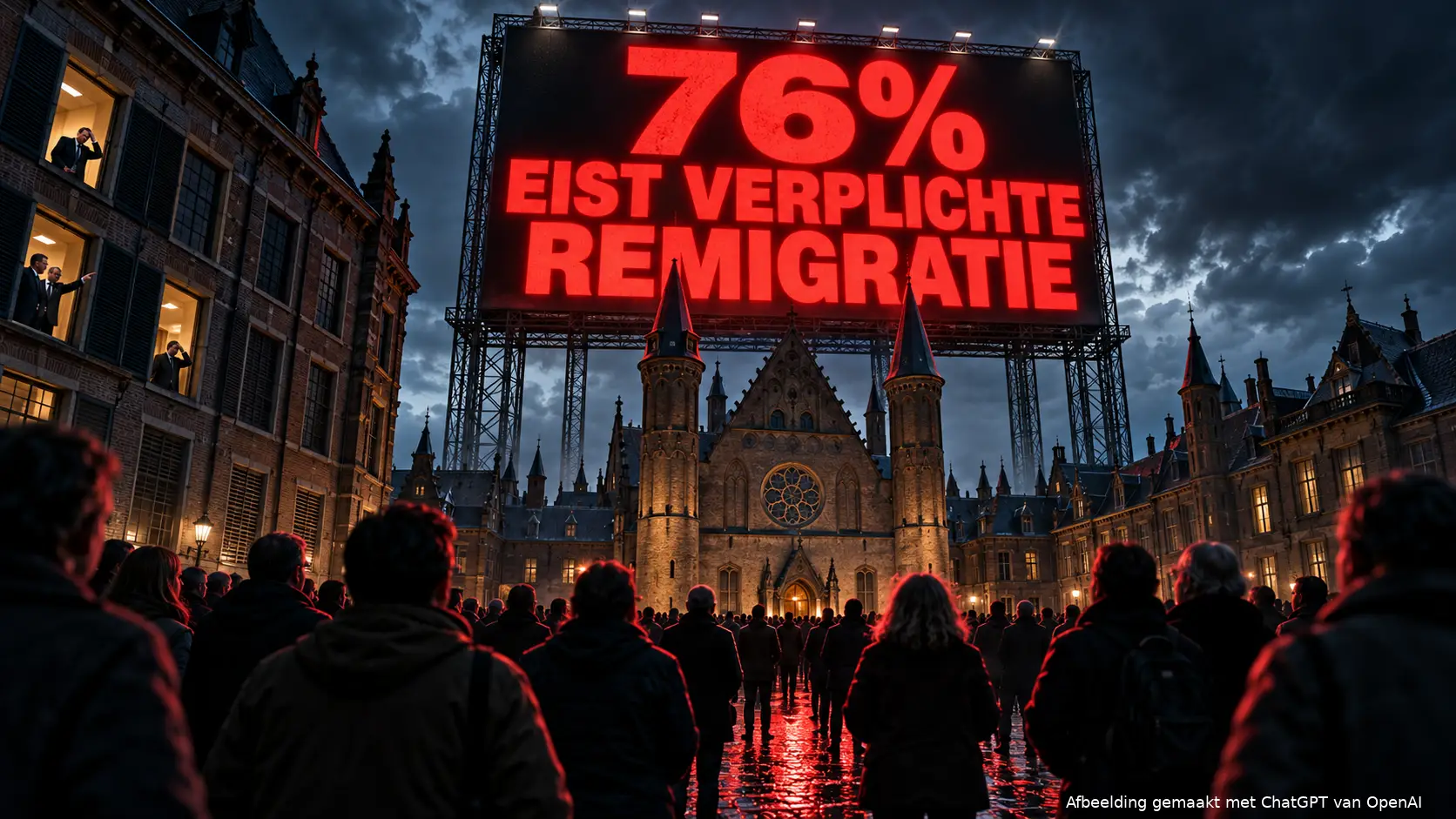Symbolische illustratie van een menigte op het Binnenhof onder een rood billboard met de tekst ‘76% eist verplichte remigratie’.