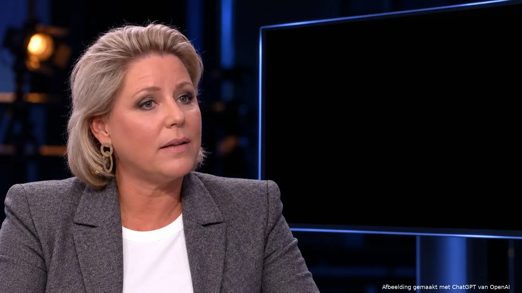 AI-illustratie van Rianne Letschert in een donkere studio naast een volledig zwart televisiescherm