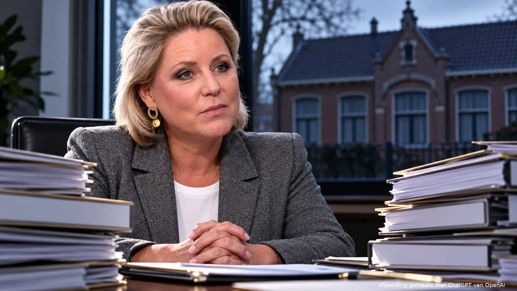 AI-Illustratie van Rianne Letschert achter een tafel met stapels subsidiemappen, met een dorpsschool op de achtergrond.