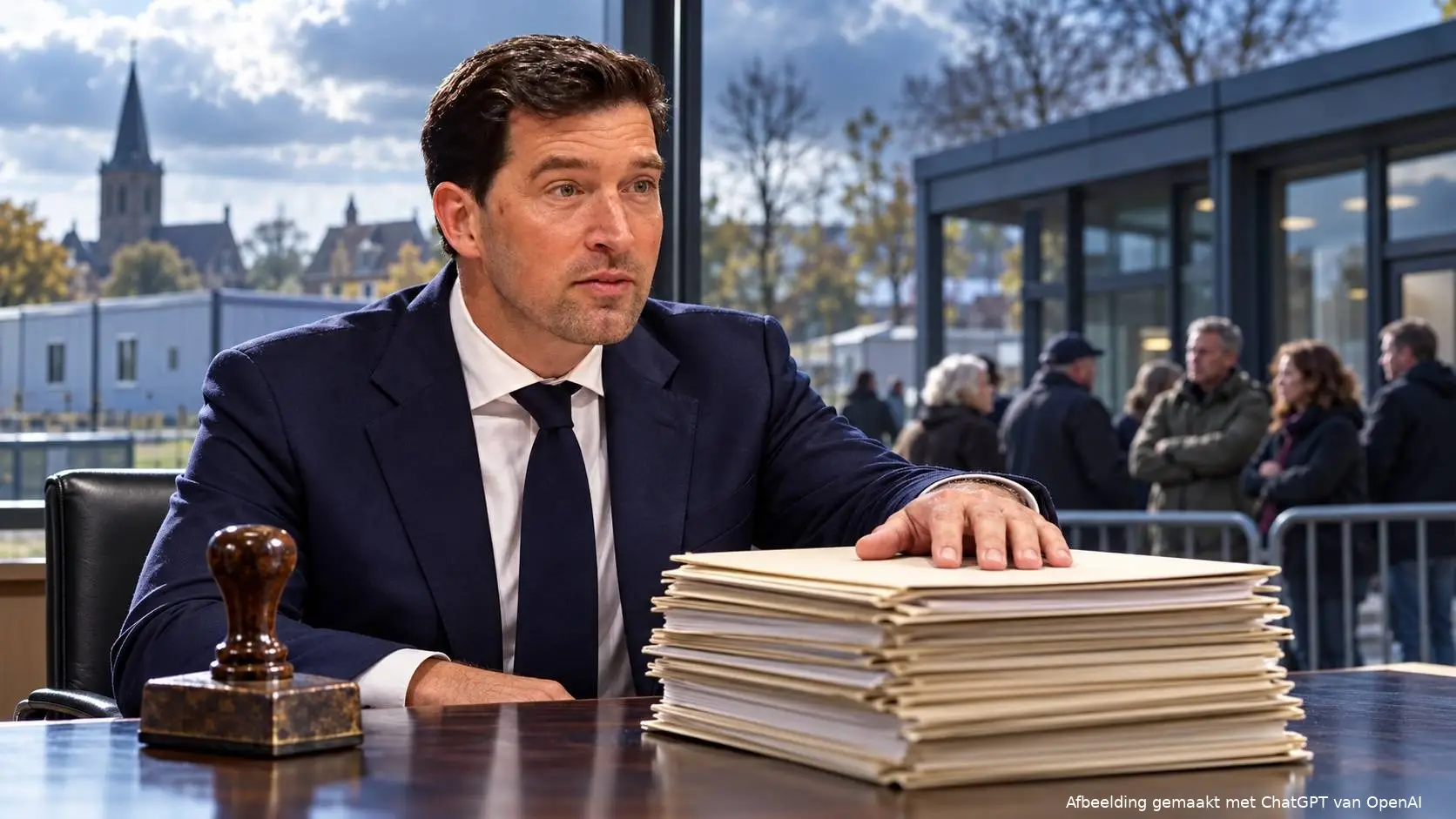 AI-illustratie van Robert van Asten met dossiers en een stempel, met wachtende inwoners en een opvanggebouw op de achtergrond.