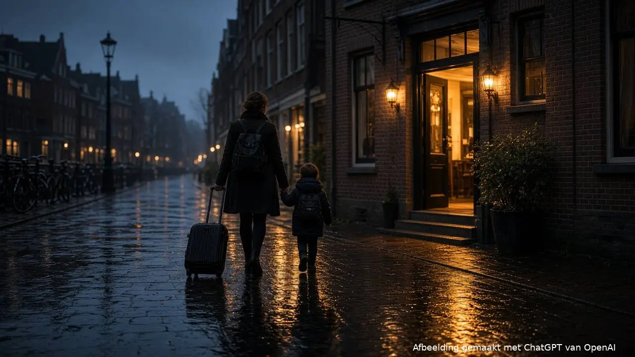 Een moeder en een klein kind lopen van achteren gezien met een rolkoffer door een natte straat naar een verlichte hotelingang (AI-beeld)