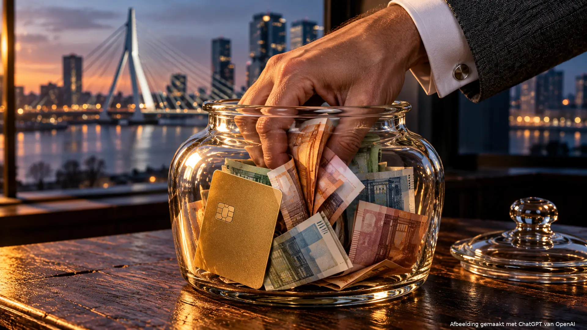 Hand grijpt in een glazen suikerpot vol eurobiljetten en een goudkleurige betaalpas, met de Erasmusbrug op de achtergrond.