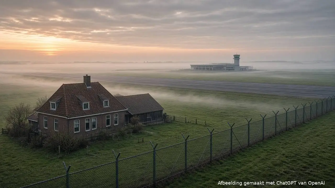 Boerderij in een mistige polder met een beveiligingshek en daarachter een lege landingsbaan en terminal