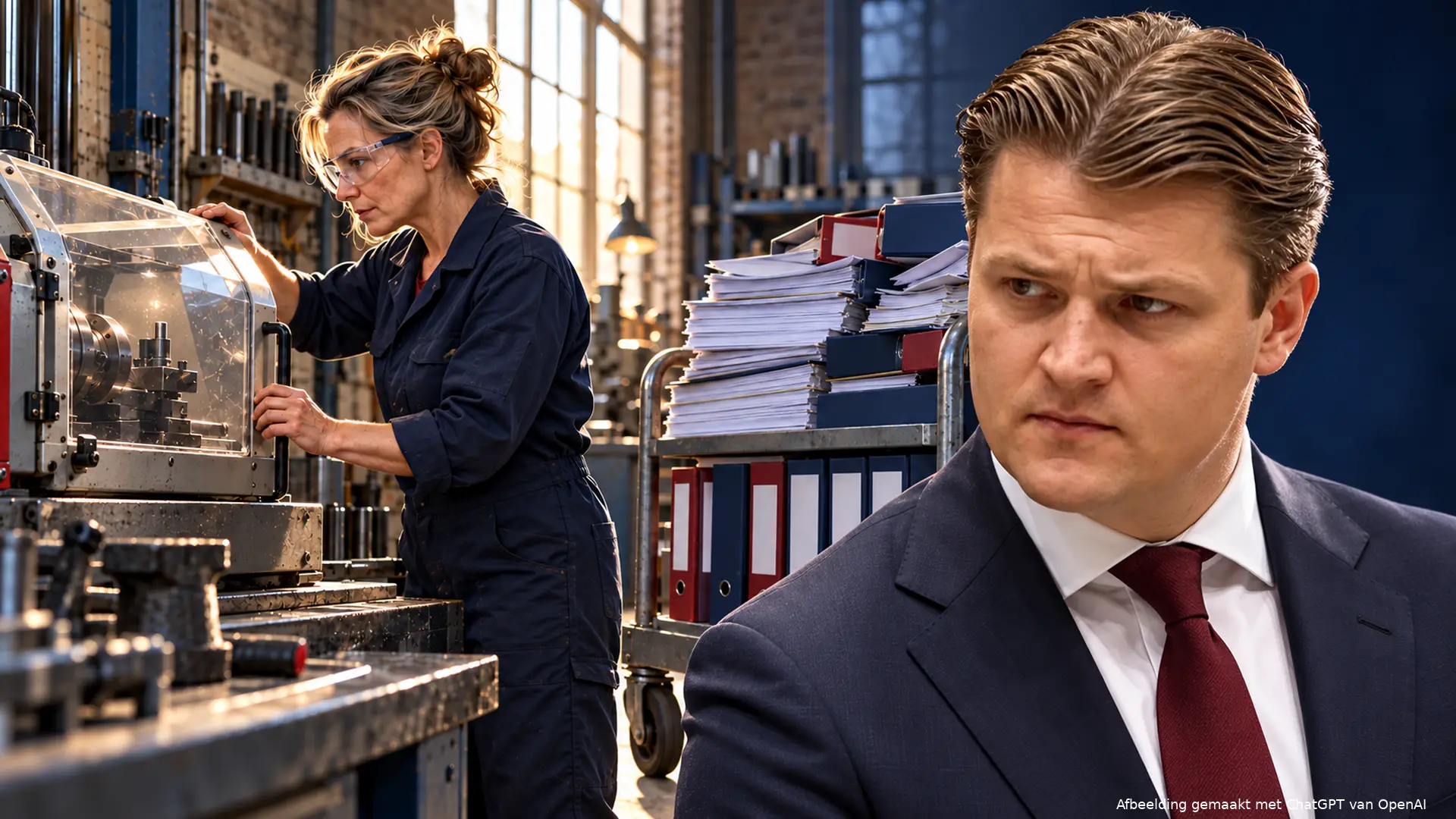Illustratie van Schenk naast een ondernemer die een machineafscherming controleert, met een volle dossierkar in de werkplaats.