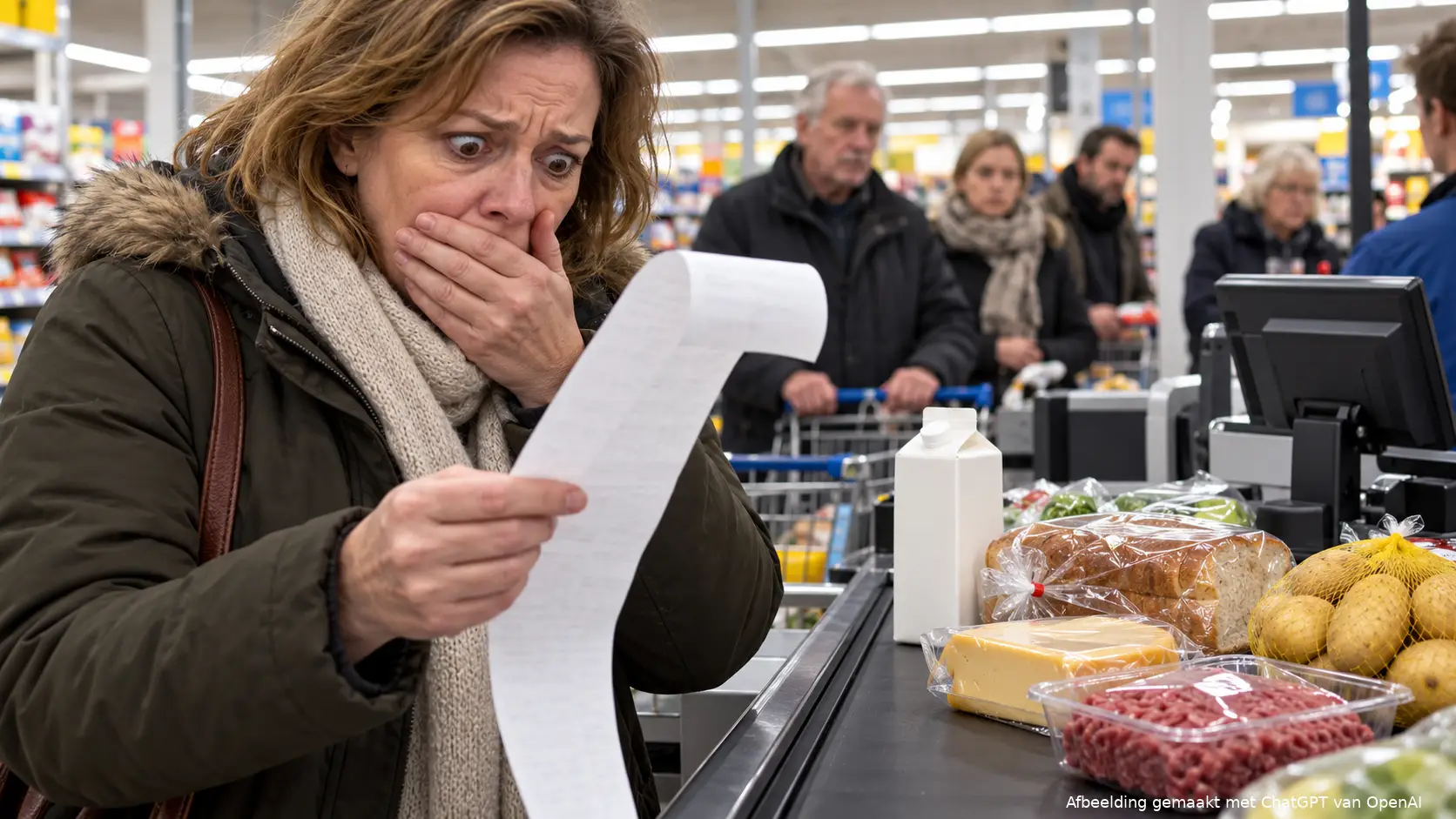 Vrouw bij de supermarktkassa kijkt geschrokken naar haar kassabon, terwijl de ACM duurdere gewone boodschappen adviseert