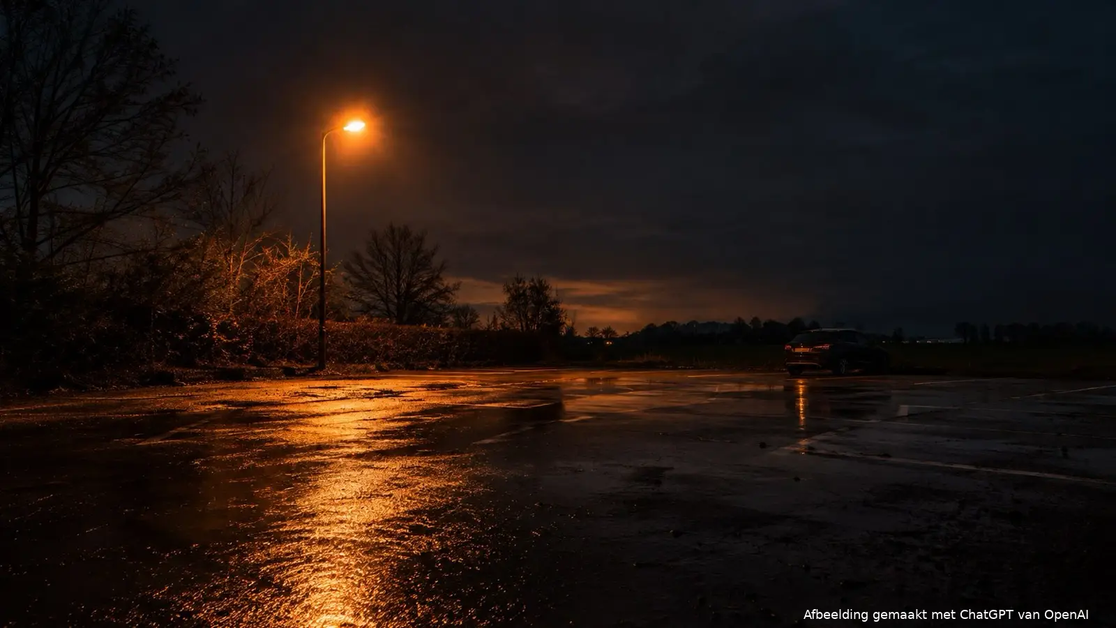 Verlaten natte parkeerplaats bij avond onder een oranje lantaarnpaal