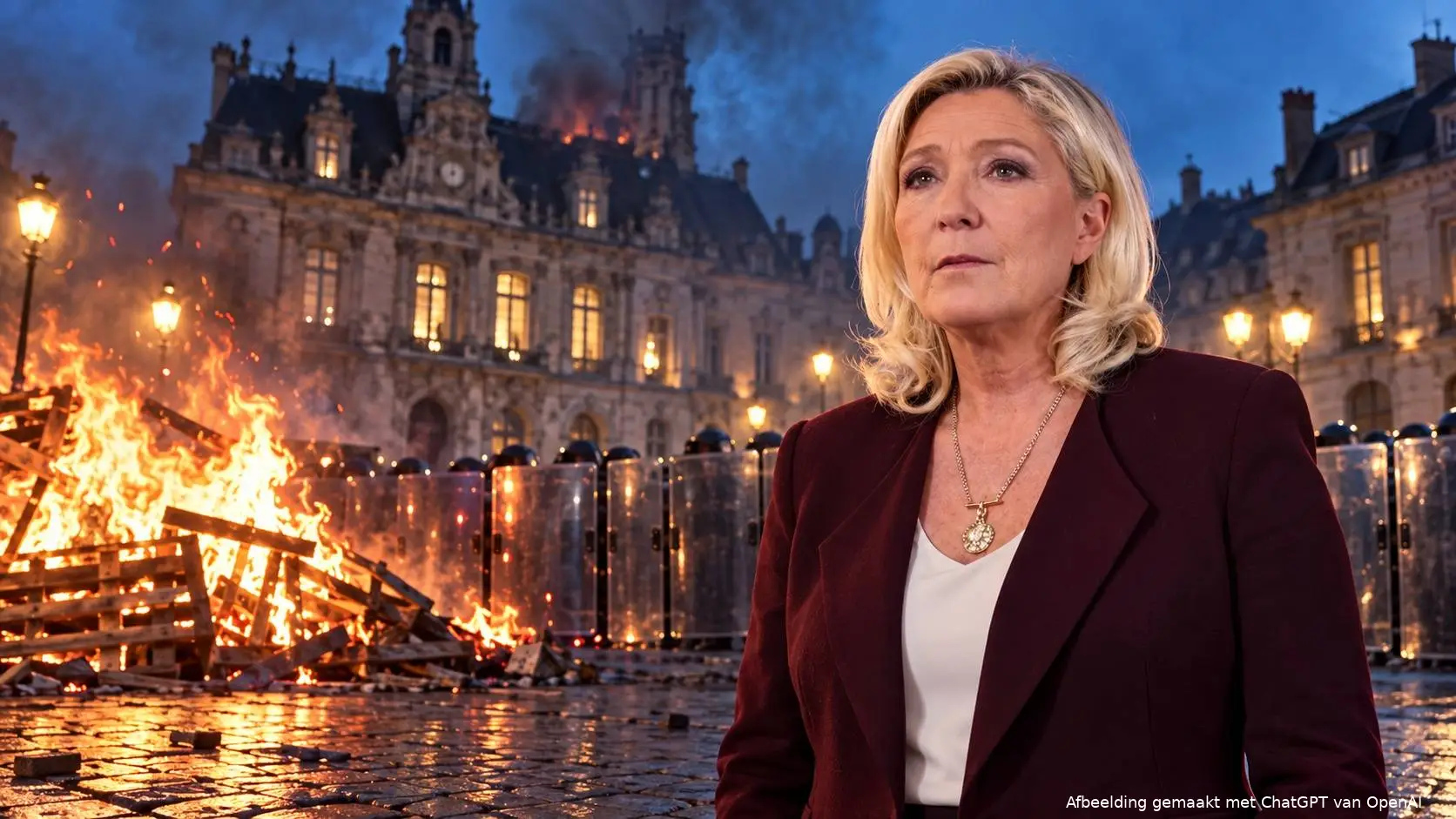 Illustratie van Marine Le Pen op een Frans plein, met achter haar een smeulend historisch stadhuis, een brandende palletbarricade en een rij oproerschilden.